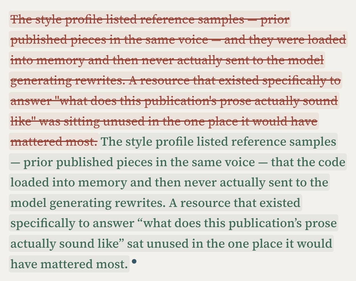 A red-inked editorial redline striking through a passive, over-explained sentence, with an active rewrite in green beneath it -- a real finding from the tool this article describes.