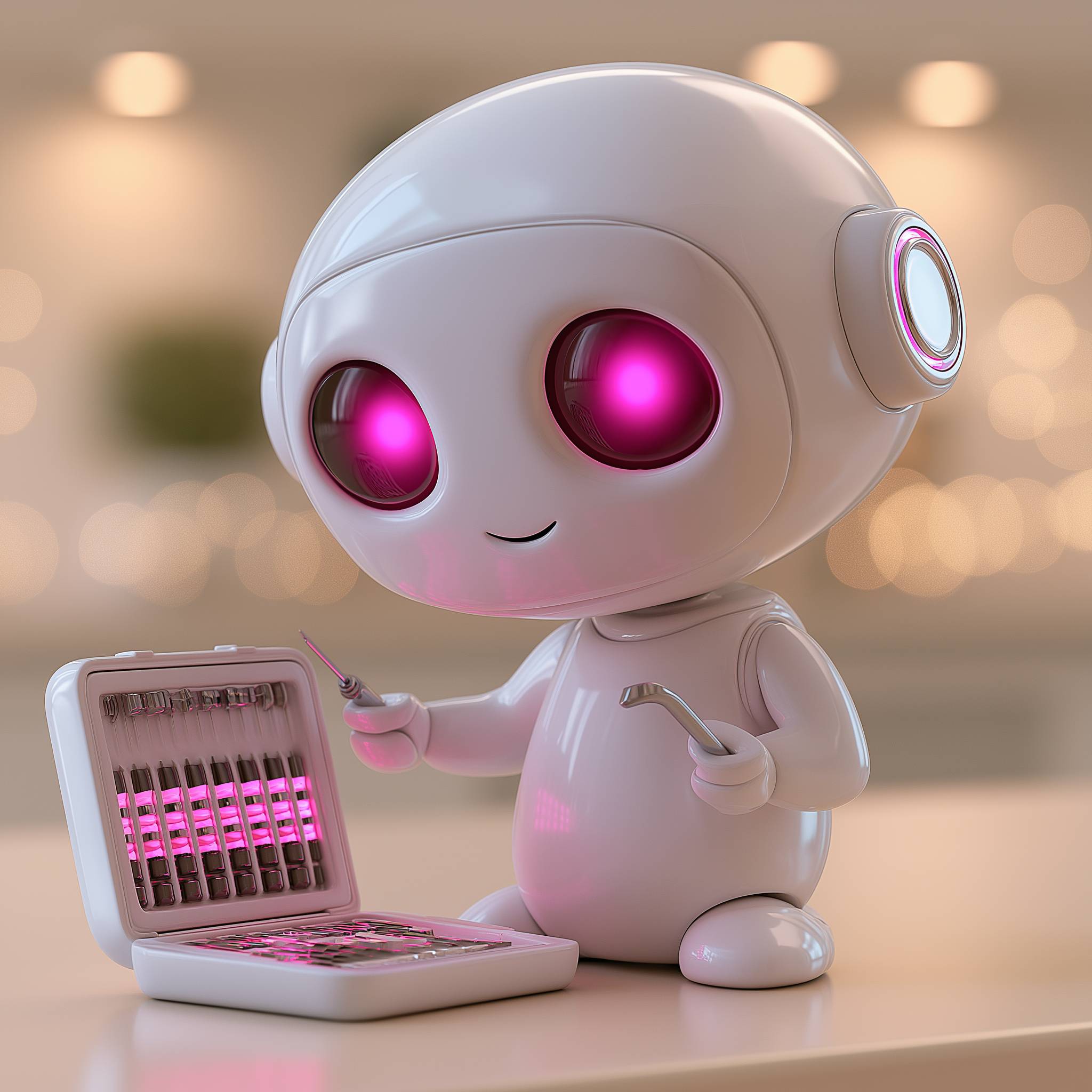 The same small white robot from give-an-agent-a-tool.png, holding an open lockpick set and tension wrench instead of a fishing rod.