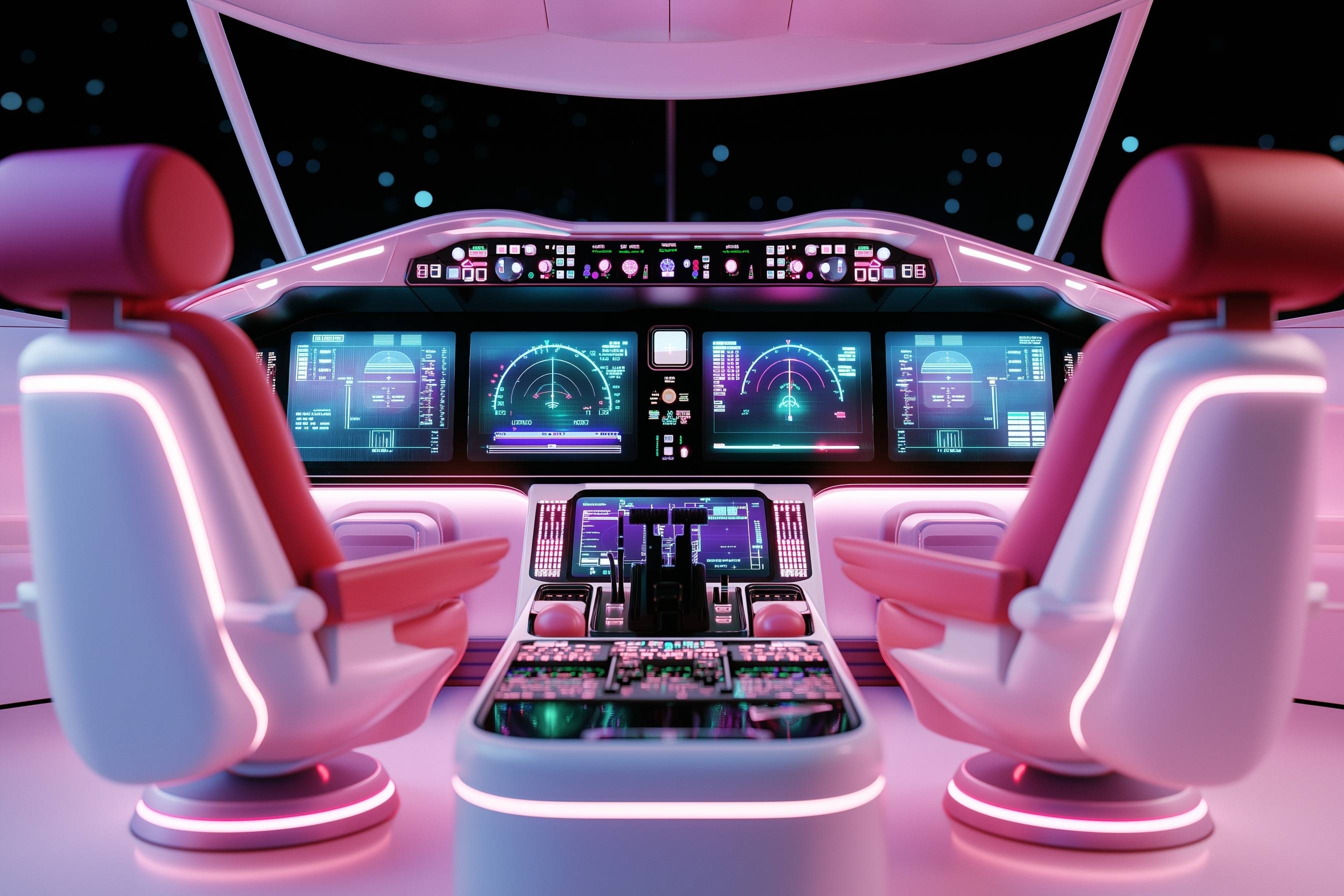 A softly glowing glass cockpit at night, every display nominal, seen from behind two empty seats with no hands on the controls.