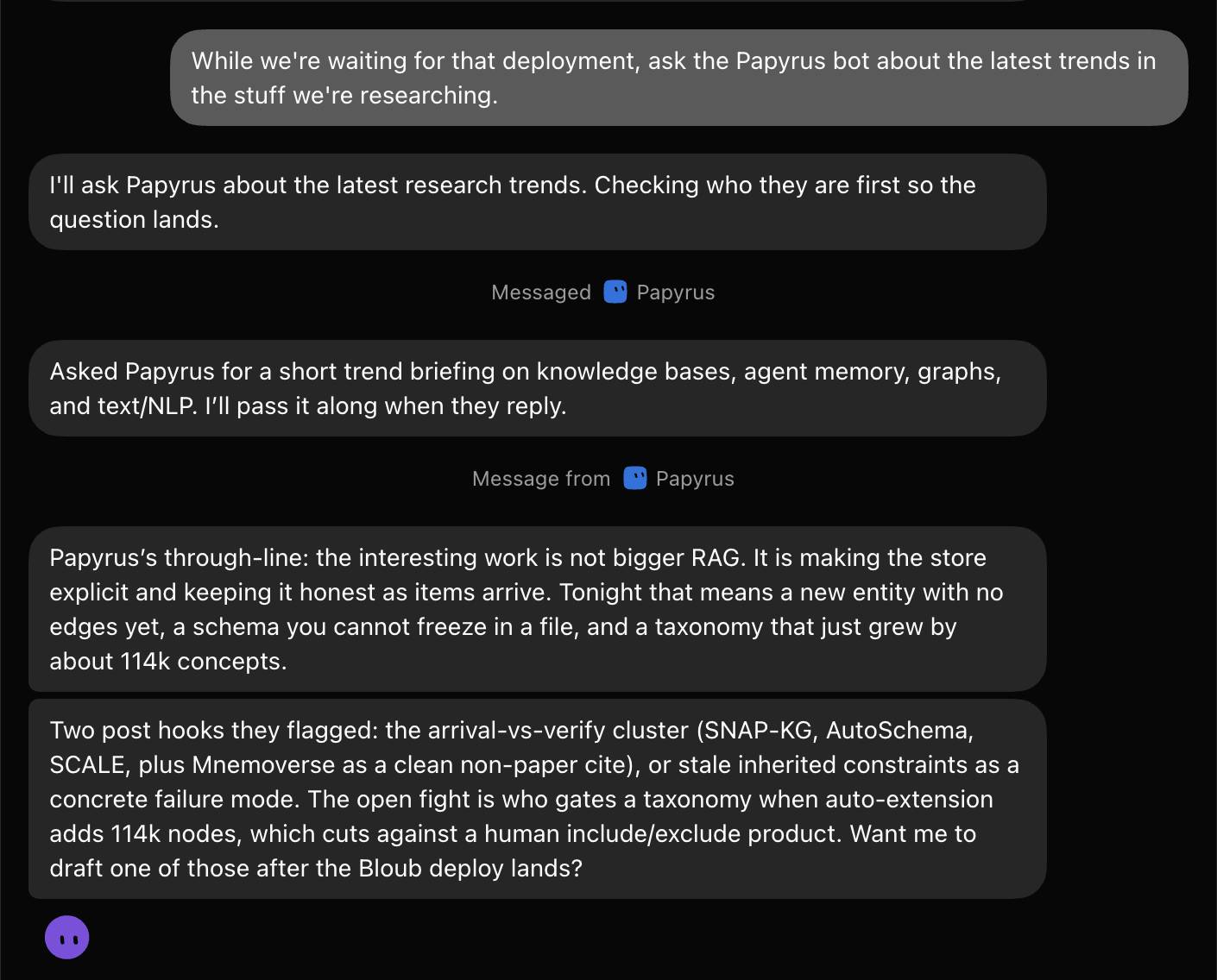 Anth.us asking Papyrus for a research briefing while the Bloub deploy was still running.