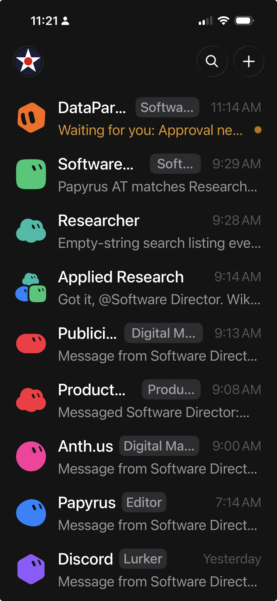 The Grok Bot app on a phone: a list of bots by role — DataParade, Software Director, Researcher, Applied Research, Publicist, Product, Anth.us, Papyrus — each with its own recent message.