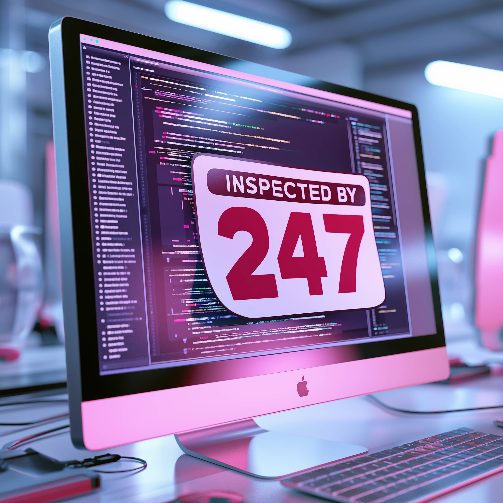 A computer monitor in a professional office displaying lines of code in a dark-theme editor, with a physical paper sticker reading 'INSPECTED BY 247' stuck directly onto the glass.