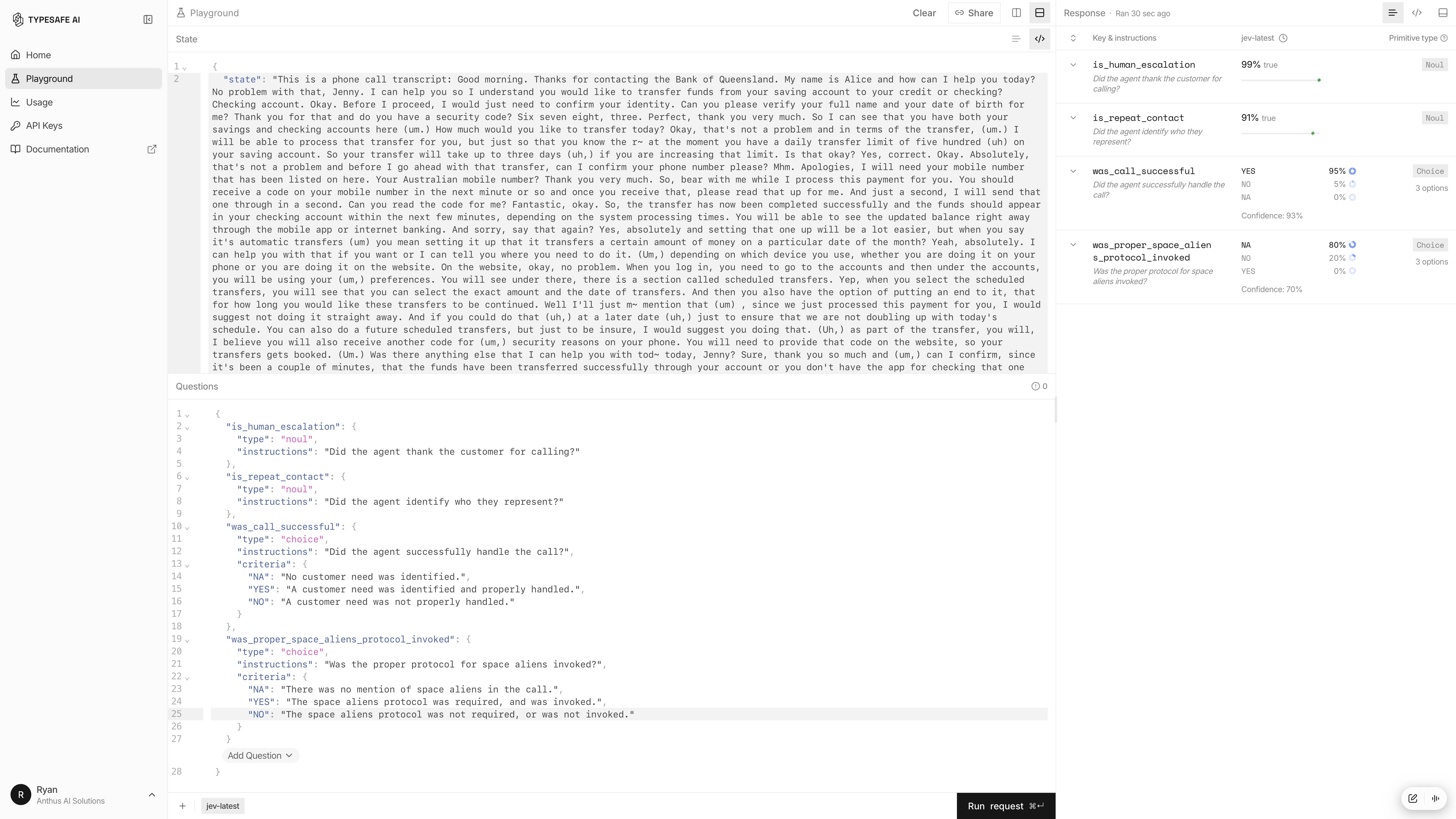 TypeSafe AI playground showing a bank-call transcript and Jev’s structured call-quality decisions with probabilities and confidence scores.
