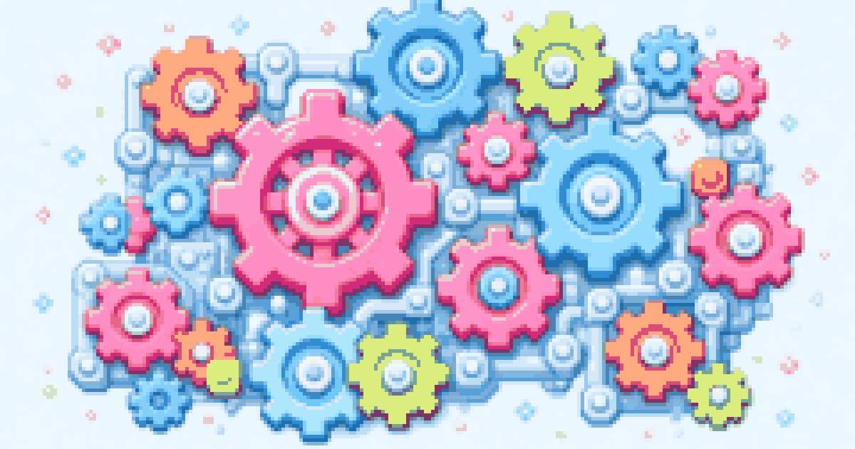 Bright retro pixel-art interlocking gears in pink, blue, orange, and green