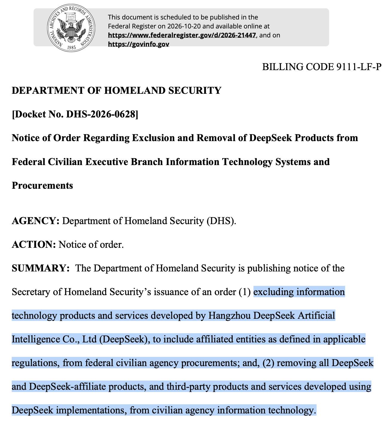 Official DHS Federal Register notice, scheduled for October 20, 2026, with highlighted text covering DeepSeek, affiliates, and third-party products developed using DeepSeek implementations in federal civilian agency systems.