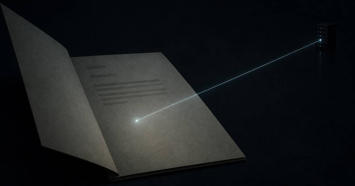 A document with a tiny glowing pixel sending a thin beam of light to a distant server