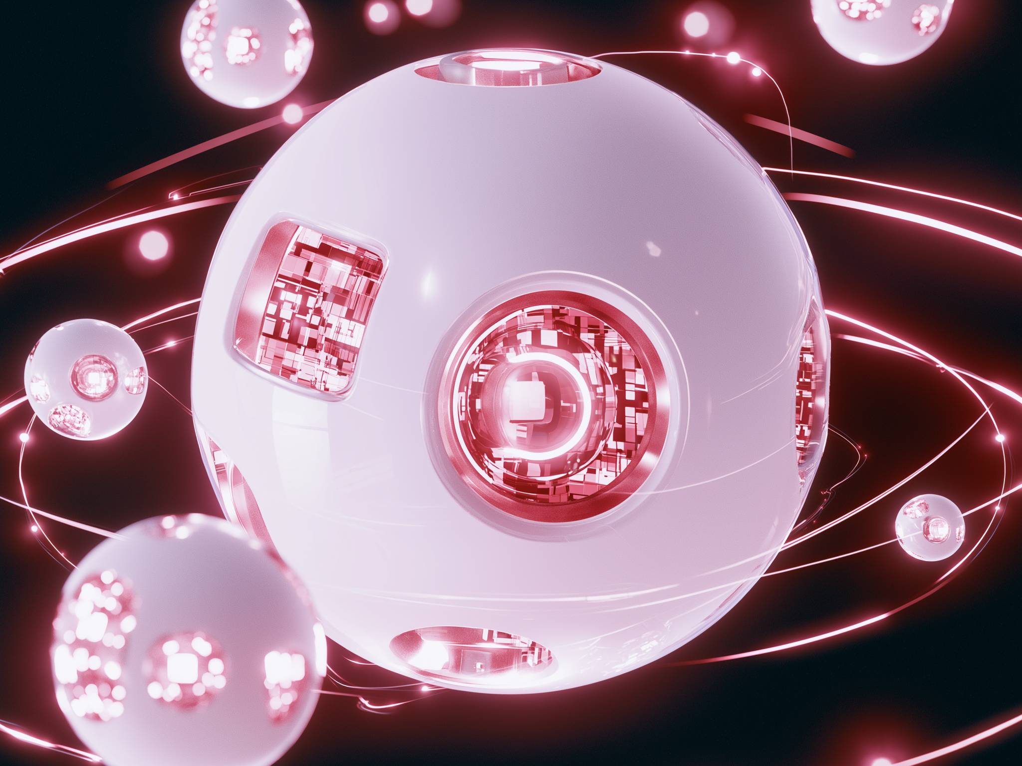 A large glowing sphere at the center, with smaller spheres and pink rings orbiting it