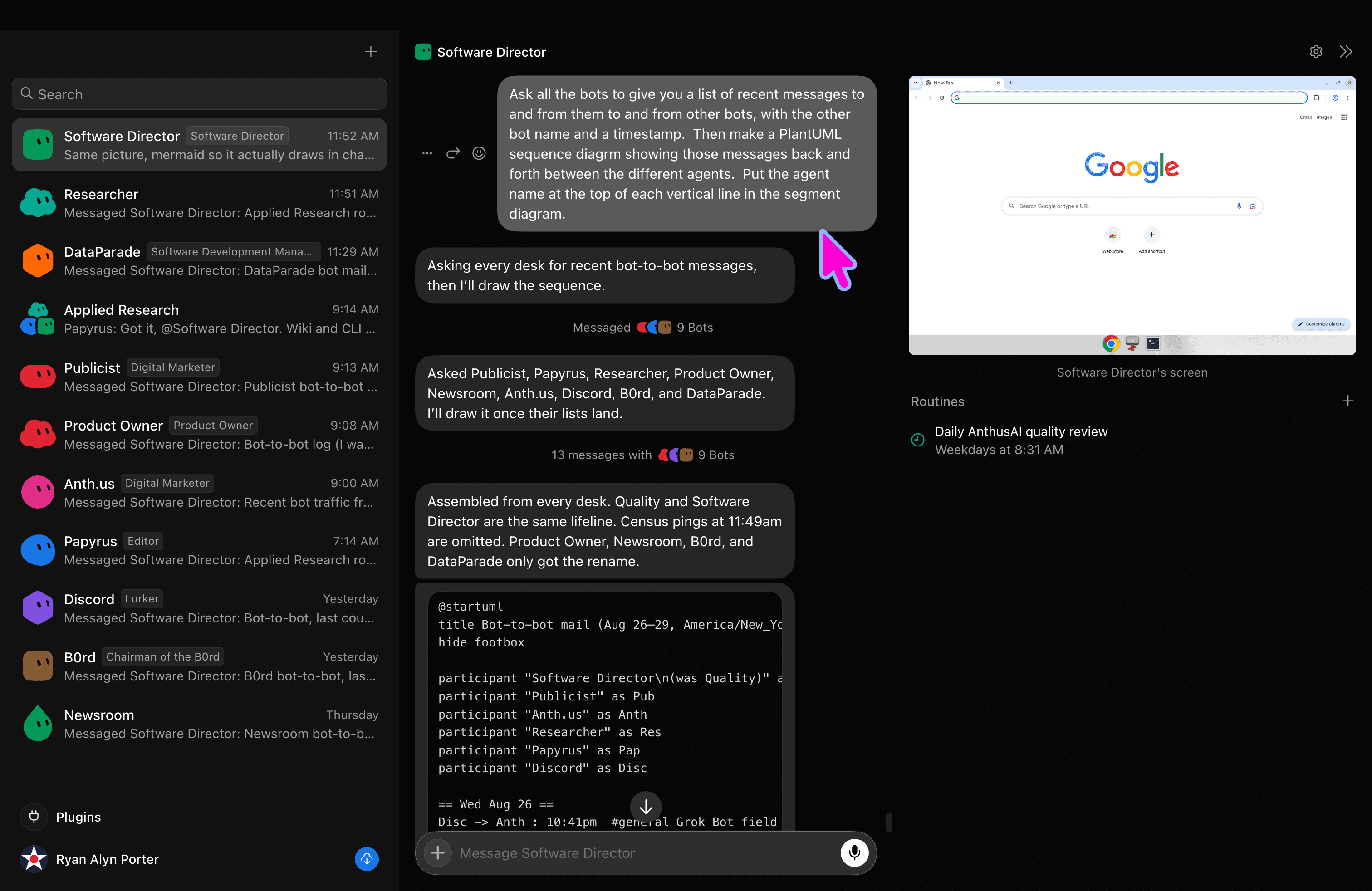 Asking Software Director to chart the recent bot-to-bot traffic as PlantUML.
