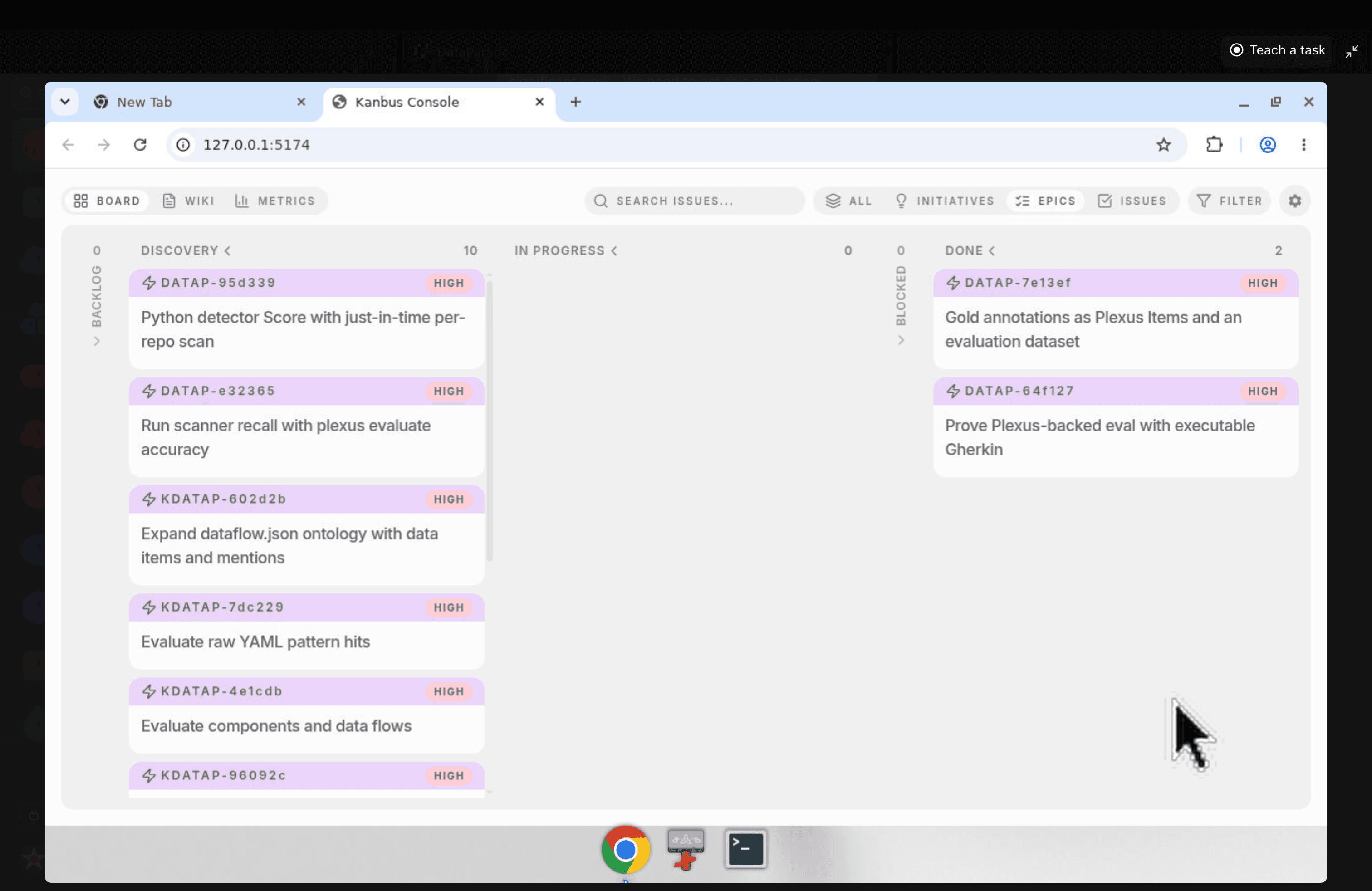 The bot's own desktop, running Chrome against a dev server on its localhost: the Kanbus board for a project it is working on, where every issue is a .json file in the repo.