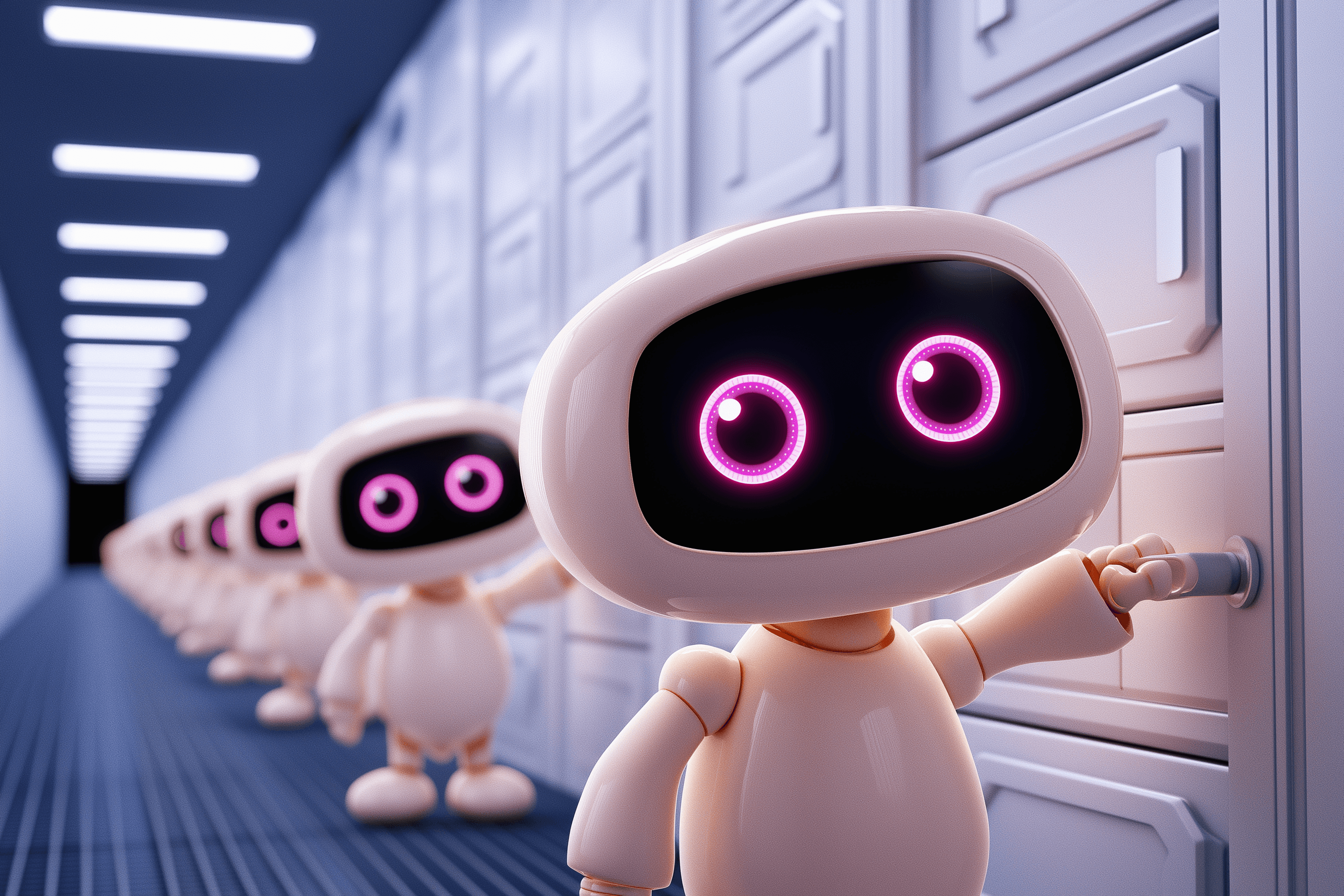 An endless corridor of identical doors, an identical small robot standing freely in front of each one, calmly trying the handle.