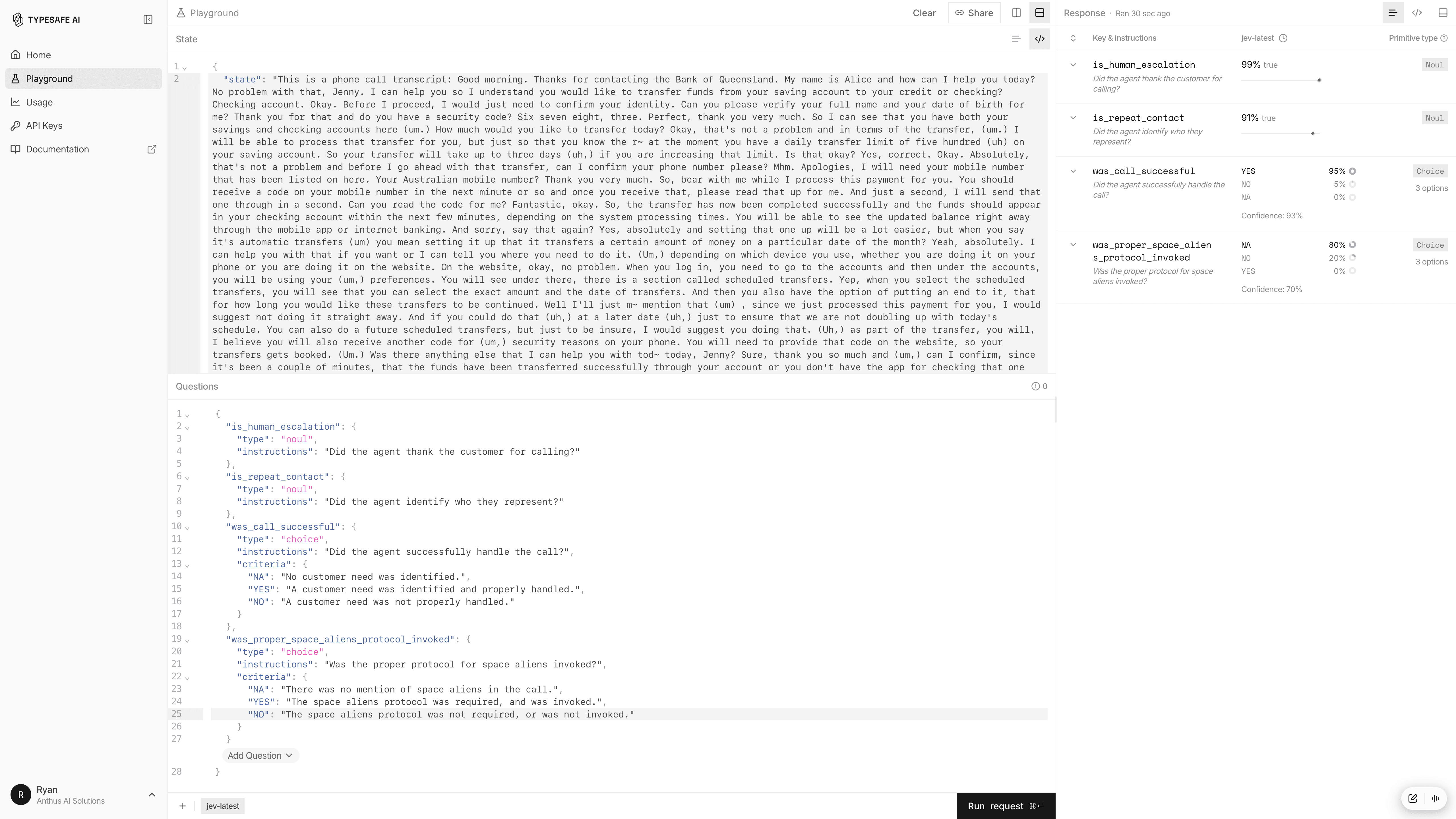 TypeSafe AI playground showing a bank-call transcript and Jev’s structured call-quality decisions with probabilities and confidence scores.