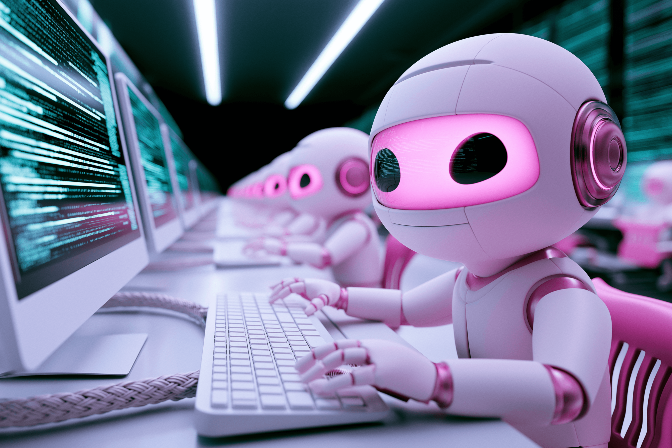 Endless rows of identical pink-eyed robots tethered by cable to developer workstations, monitors glowing with code, in a dim teal-lit industrial office.