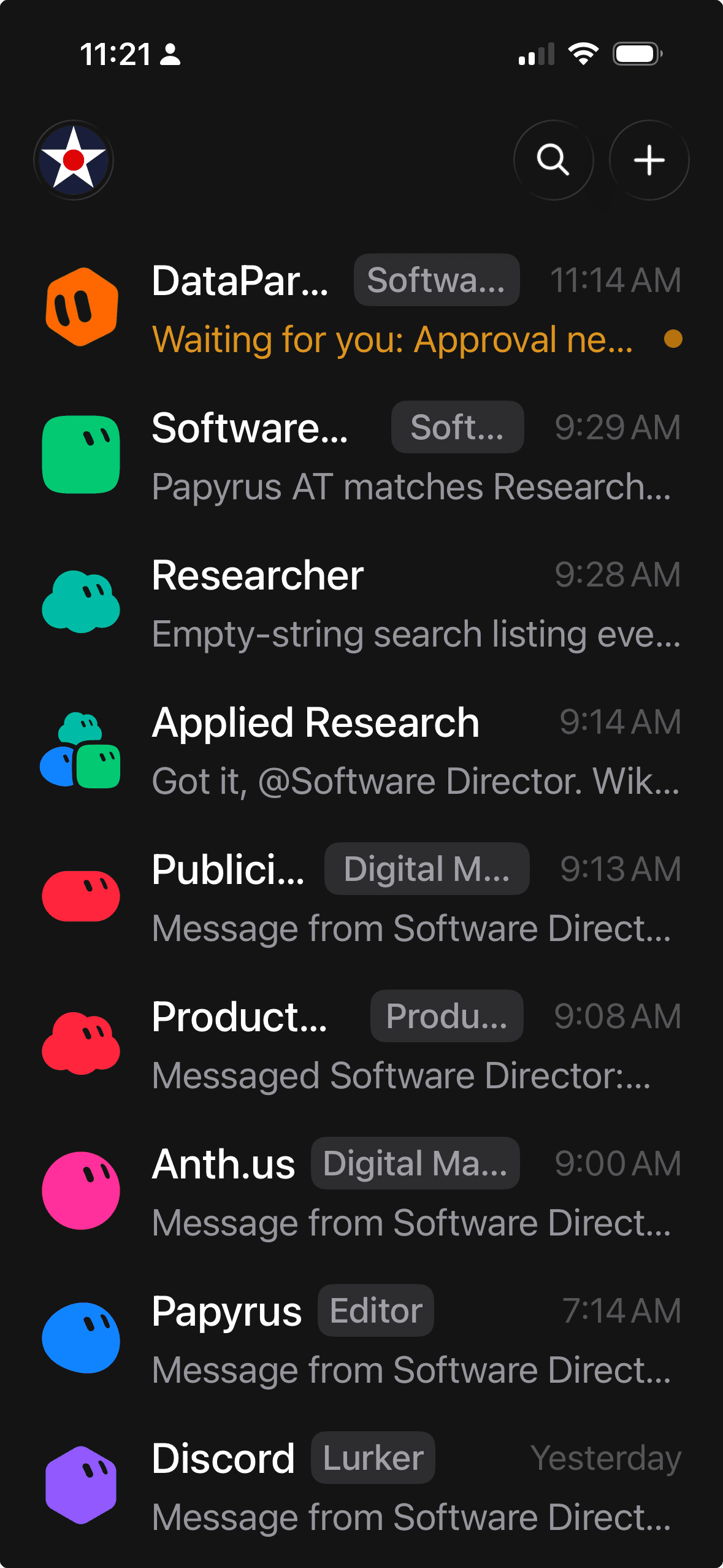 The Grok Bot app on a phone: a list of bots by role — DataParade, Software Director, Researcher, Applied Research, Publicist, Product, Anth.us, Papyrus — each with its own recent message.
