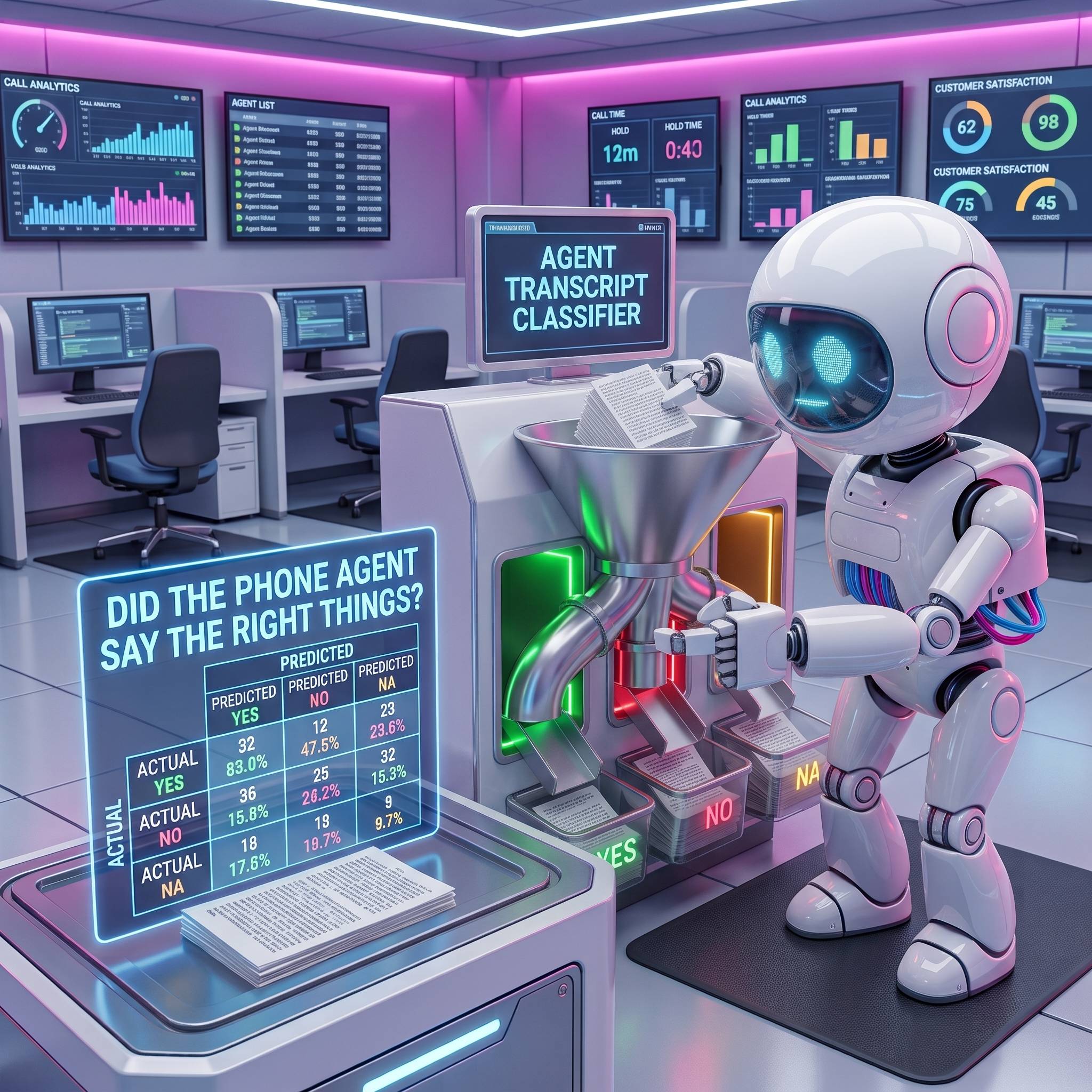 A robot sorts customer-service transcripts into classifier categories in a call analytics workspace.