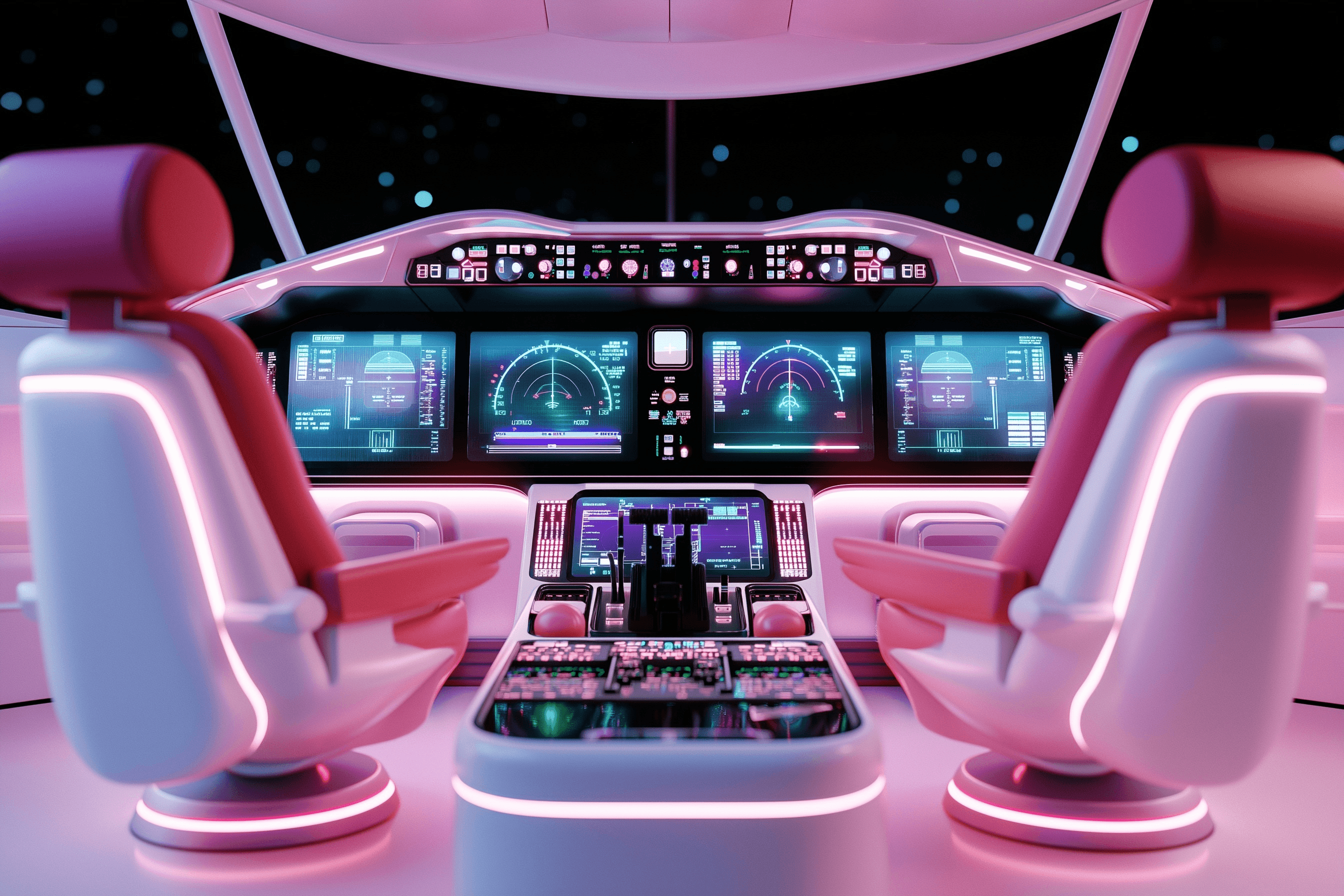 A softly glowing glass cockpit at night, every display nominal, seen from behind two empty seats with no hands on the controls.
