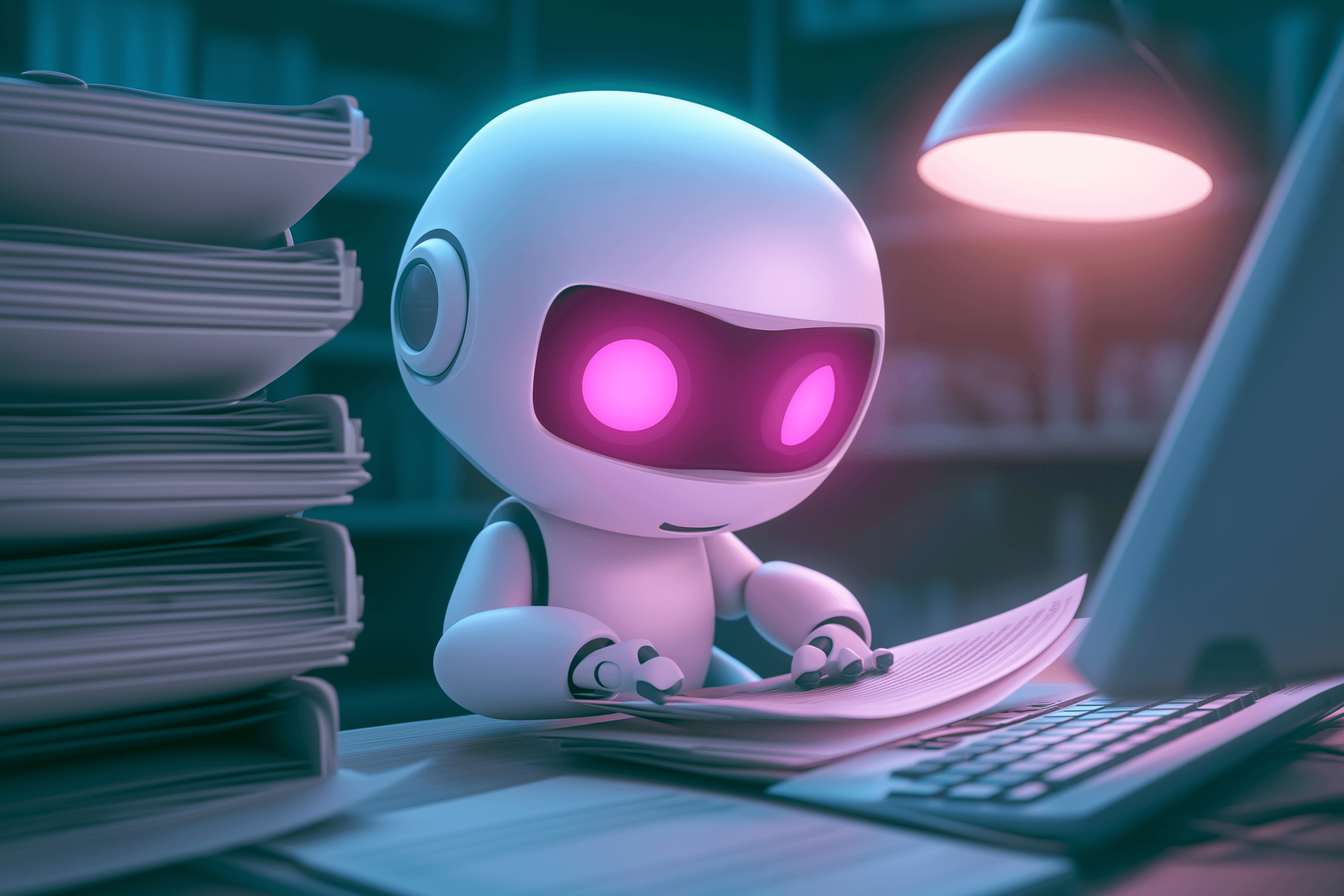 A small pink-eyed robot filing paper under a warm desk lamp at night, surrounded by towering stacks of untouched paperwork in a dark office.