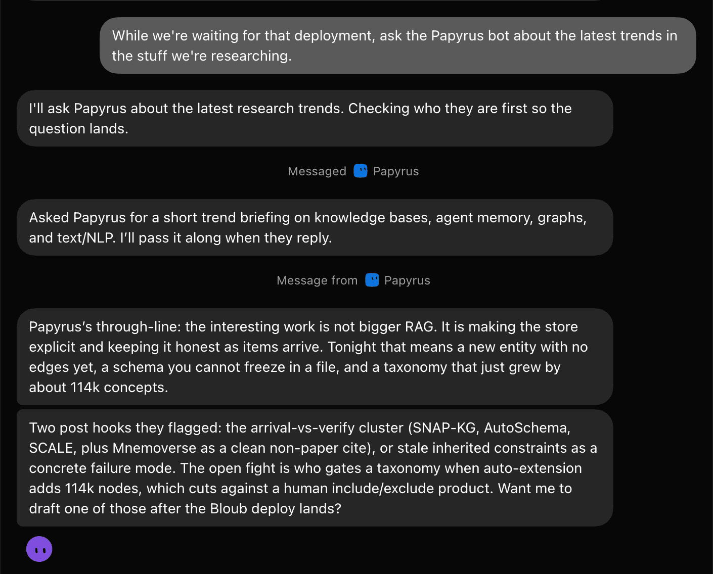 Anth.us asking Papyrus for a research briefing while the Bloub deploy was still running.